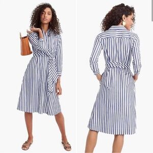 J. Crew White and Blue Buttoned Tie Front Midi Dress